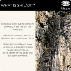 Blisque Shilajit resin immune-support caption highlights overall wellness potential.