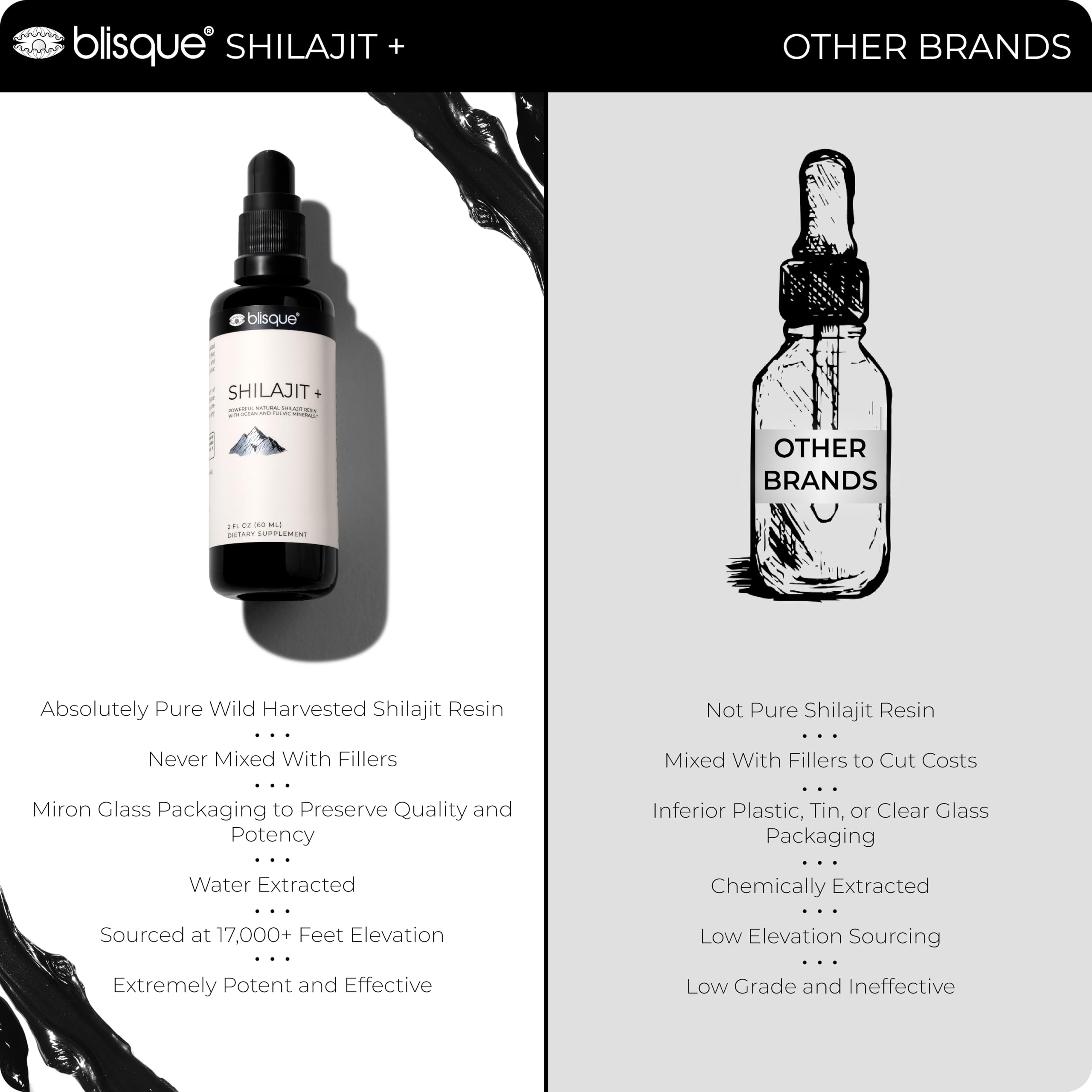 Blisque Shilajit resin label closeup confirming ingredients and purity.