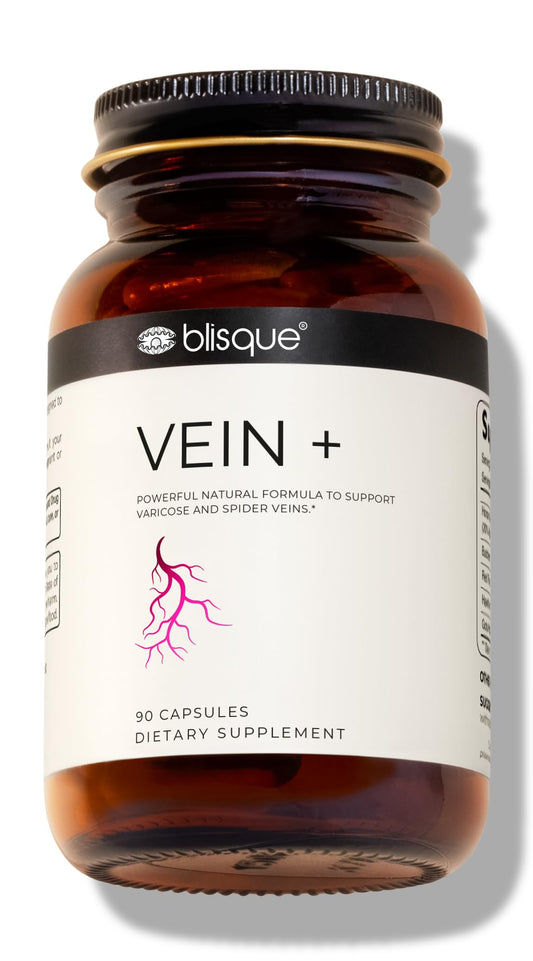 Blisque Vein Plus bottle front view showing natural leg vein support for healthier circulation.