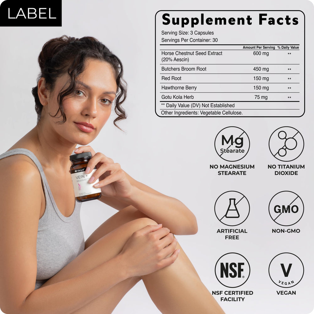 Blisque Vein Plus capsules close-up emphasizing plant-based formula.