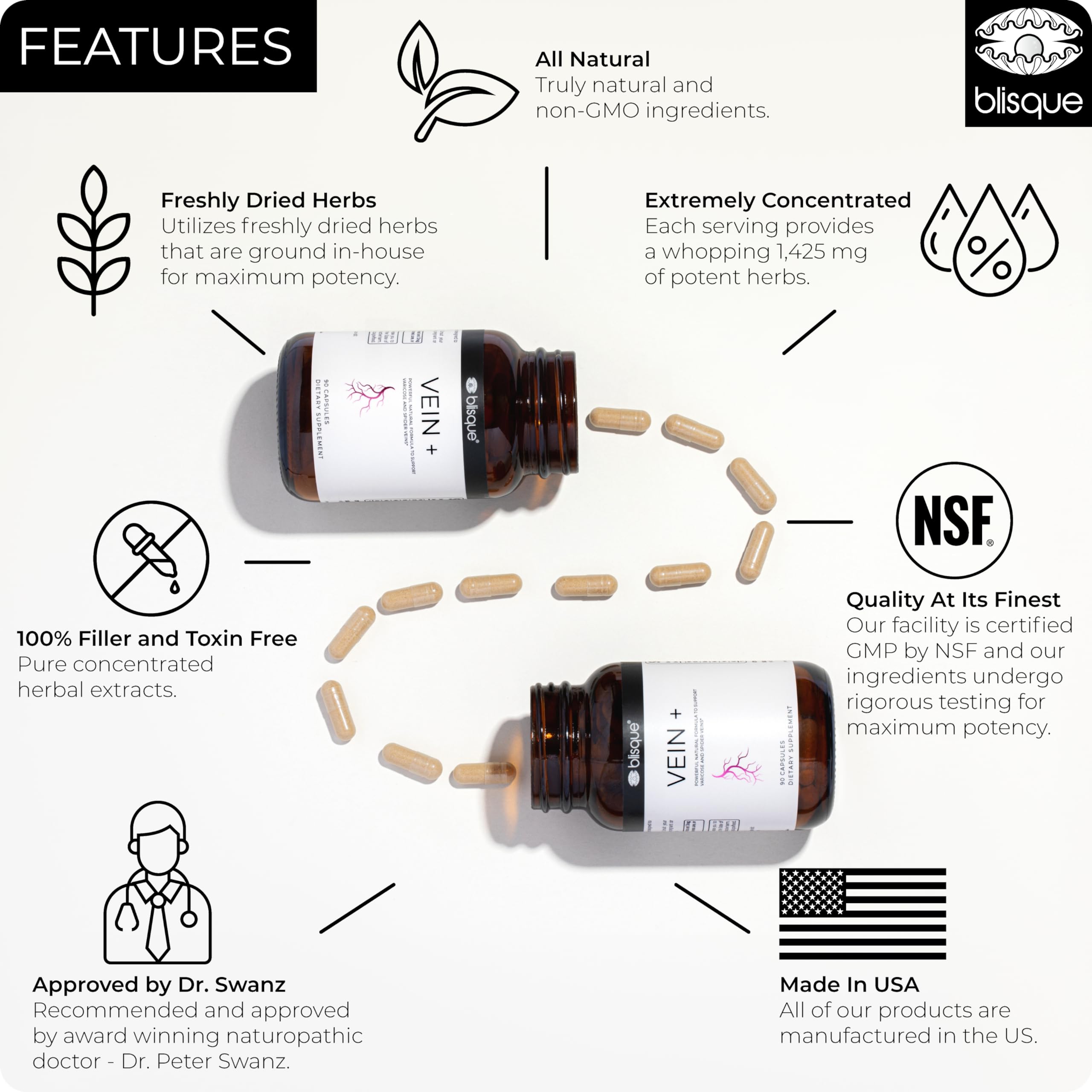 Blisque Vein Plus packaging box showcasing herbal blend and brand details.