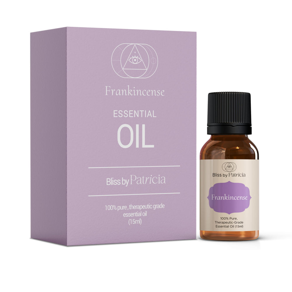 Bliss by Patricia frankincense bottle; pure essential oil for aromatherapy and relaxation.