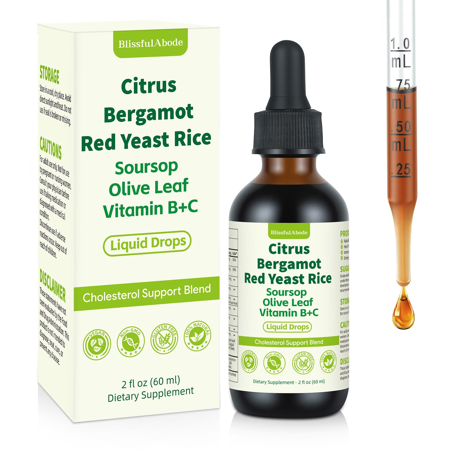 BlissfulAbode Red Yeast Rice Drops bottle, clean-label vegan option for daily heart wellness.