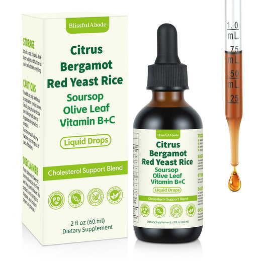 BlissfulAbode Red Yeast Rice Drops bottle, clean-label vegan option for daily heart wellness.