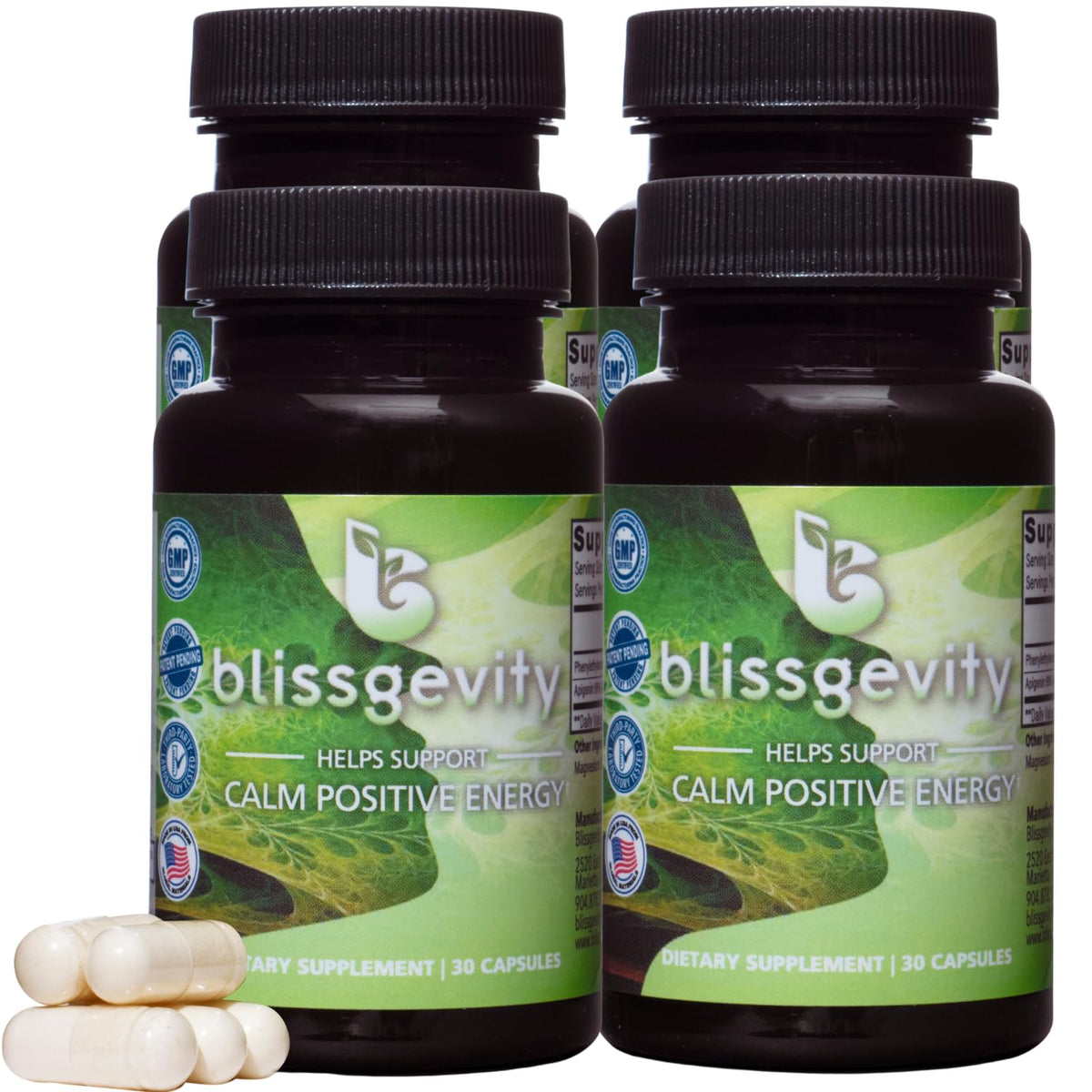 Blissgevity apigenin-phenylethylamine bottle front for mood support.