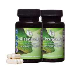 Blissgevity apigenin-phenylethylamine bottle illustrating mood support and stress relief.