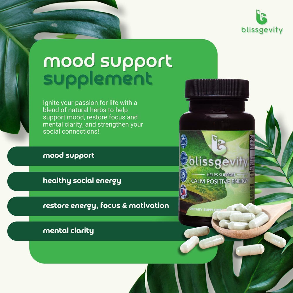 Blissgevity label close-up highlighting ingredients for focus and calm.