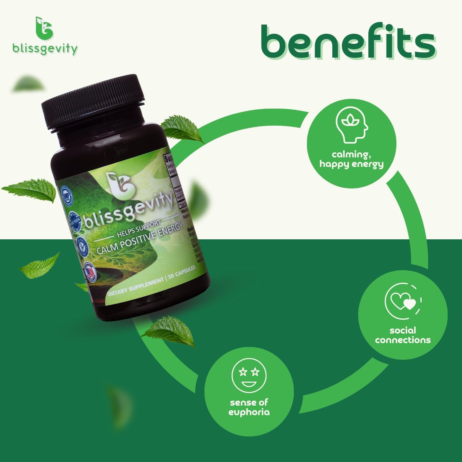 Blissgevity calm-stress-relief capsules highlight stress management during busy days.