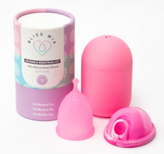 BlissMia reusable cup starter kit opened, highlighting an eco-friendly period care option