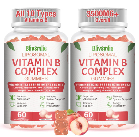 Blivsmlie liposomal B complex gummies bottle front, two-pack ready for daily energy support.
