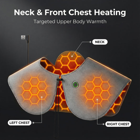 Blixno graphene neck and shoulder heating shawl, side view showing plush fabric and light weight for comfort.