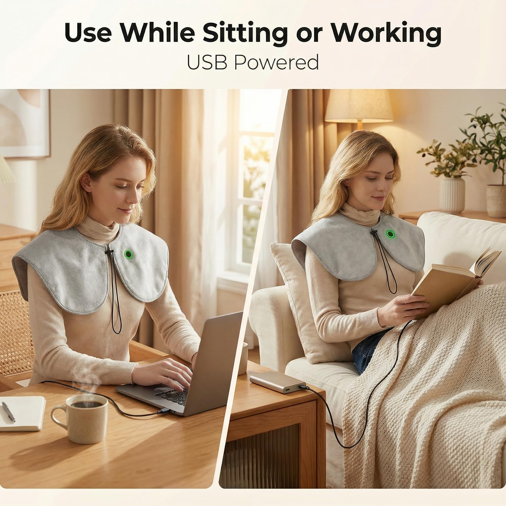 Blixno USB-powered heating wrap connected to power source for flexible use.