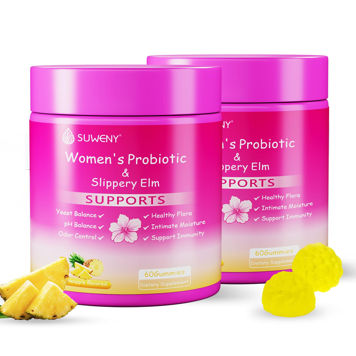 Blltzzz Her Juicy Feminine Probiotics Gummies pineapple bottle showing convenient daily pH balance support.