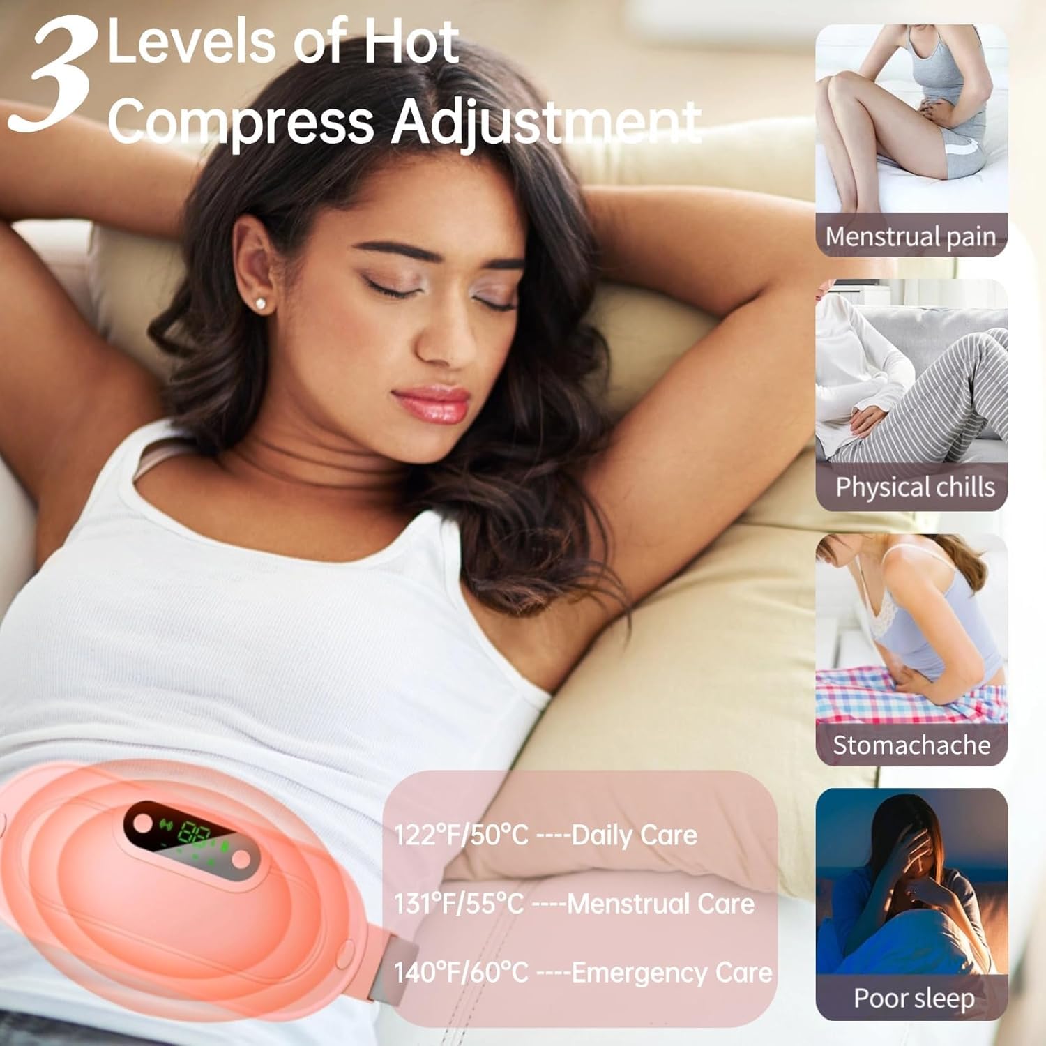 Bloat No More heating pad with adjustable buckle strap for secure comfort.