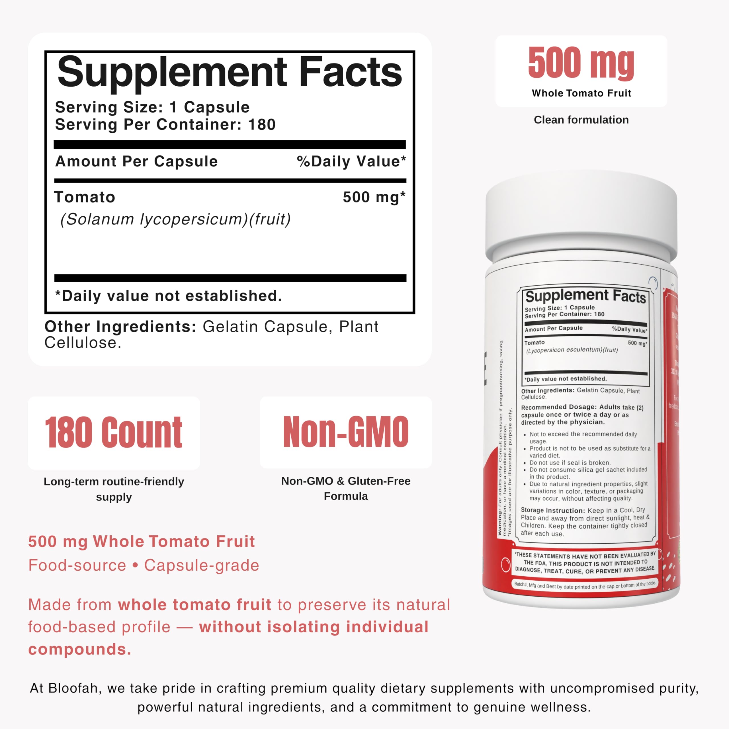 Bloofah bottle close-up highlighting 180 capsules for long-term use.
