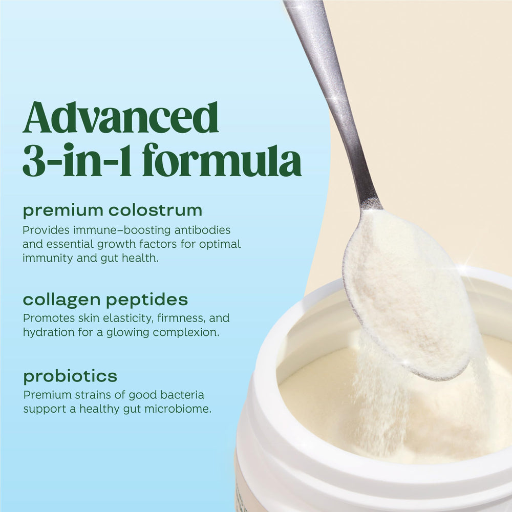 Bloom Nutrition bovine colostrum powder glass with beverage demonstrates versatile mixing