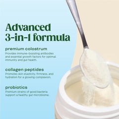Bloom Nutrition bovine colostrum powder glass with beverage demonstrates versatile mixing