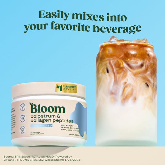 Bloom Nutrition bovine colostrum powder scoop dispensing for easy daily serving