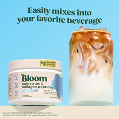 Bloom Nutrition bovine colostrum powder scoop dispensing for easy daily serving