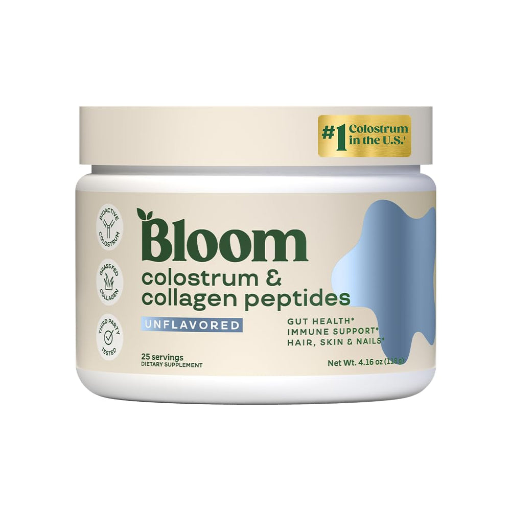Bloom Nutrition bovine colostrum powder unflavored bottle pour supports gut health