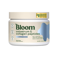 Bloom Nutrition bovine colostrum powder unflavored bottle pour supports gut health