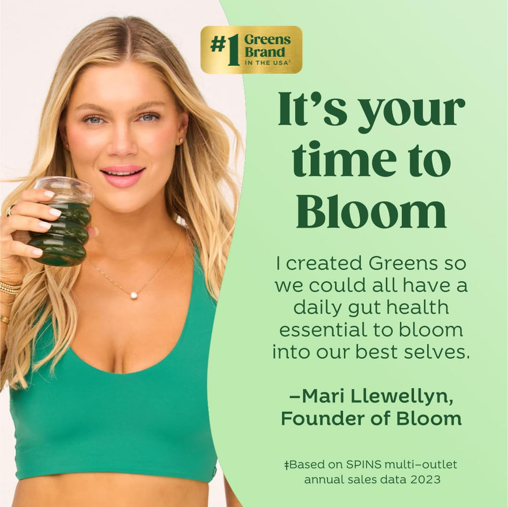 Glass of citrus-flavored Bloom Greens ready to drink for daily energy.