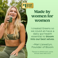 Bloom Nutrition founder-inspired routine shows daily greens shake for wellness support.