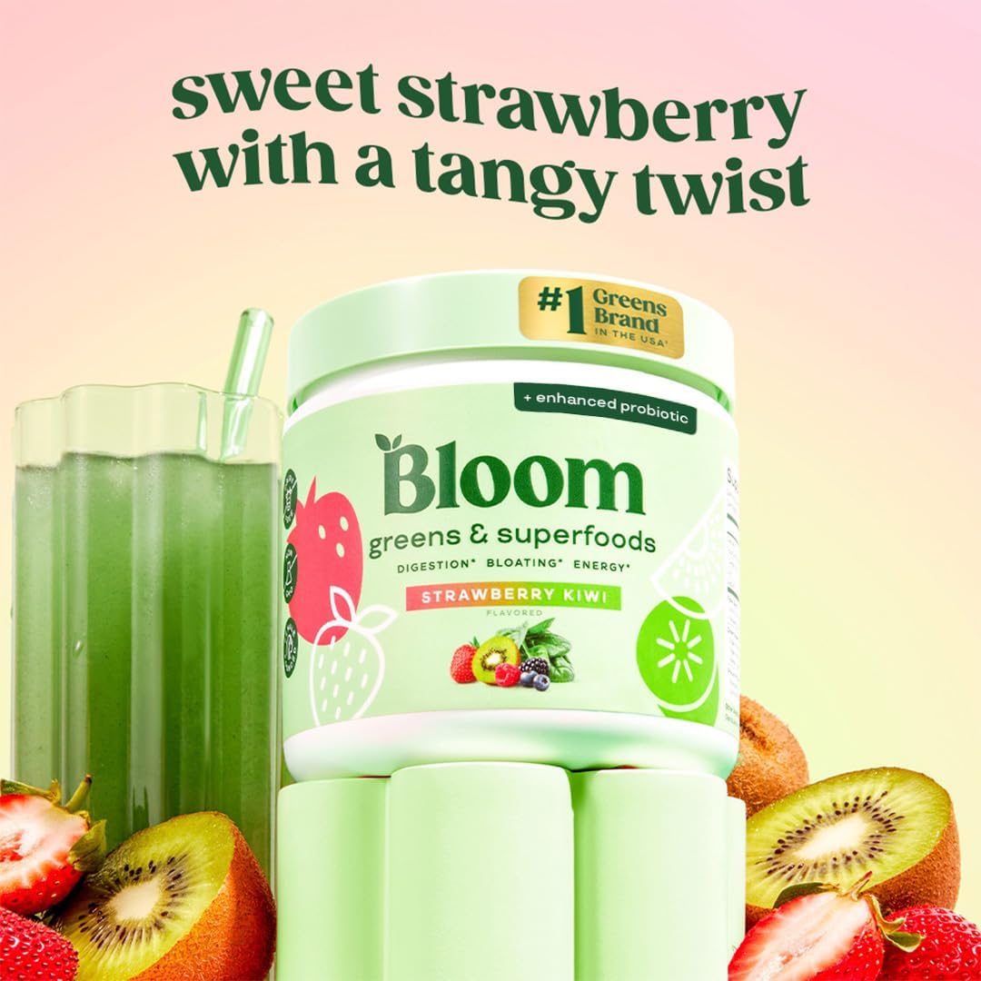 Bloom Nutrition Greens daily serve glass shows convenient, balanced nutrition