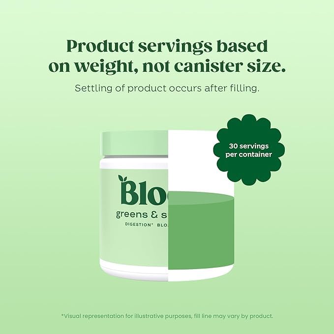 Bloom Nutrition Greens nutrition facts label highlights plant-based ingredients and serving size