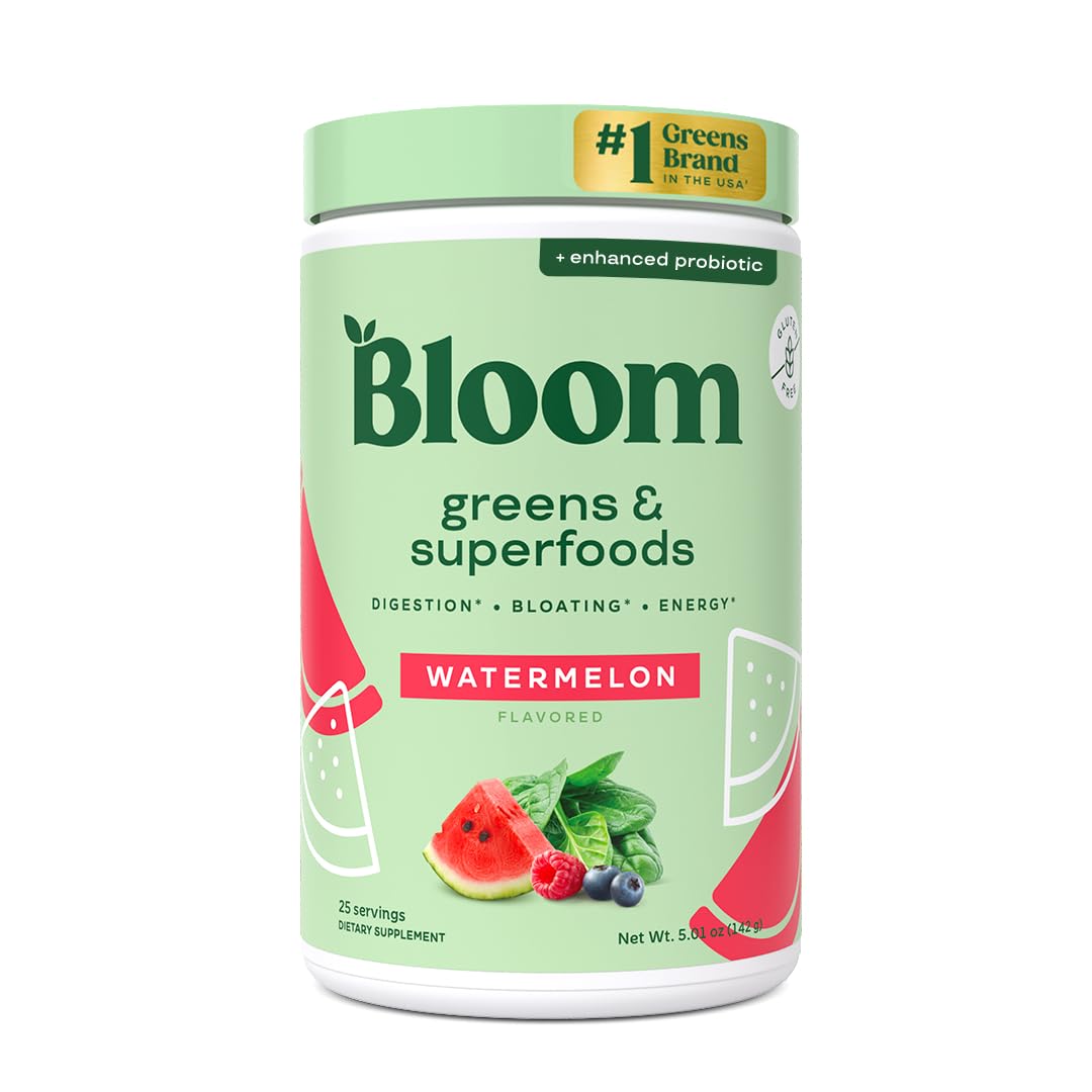 Bloom Nutrition Greens Powder bottle displaying brand for daily wellness