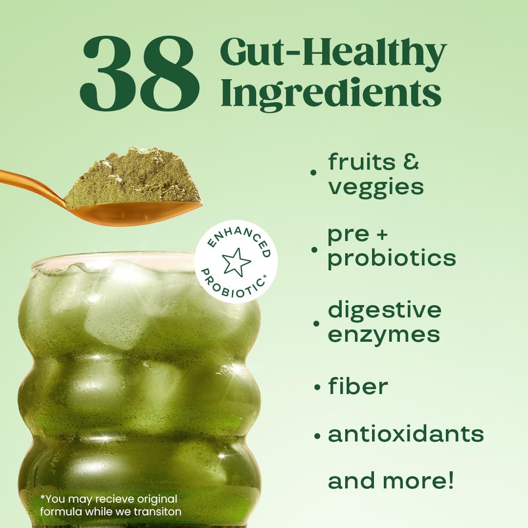 Bloom Nutrition greens powder label close-up highlighting ingredients and digestive support