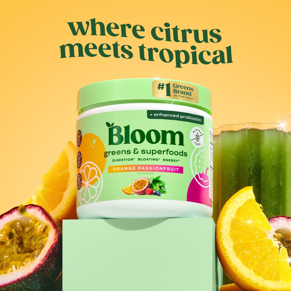 Bloom Nutrition greens powder scoop streaming into a glass for easy daily use
