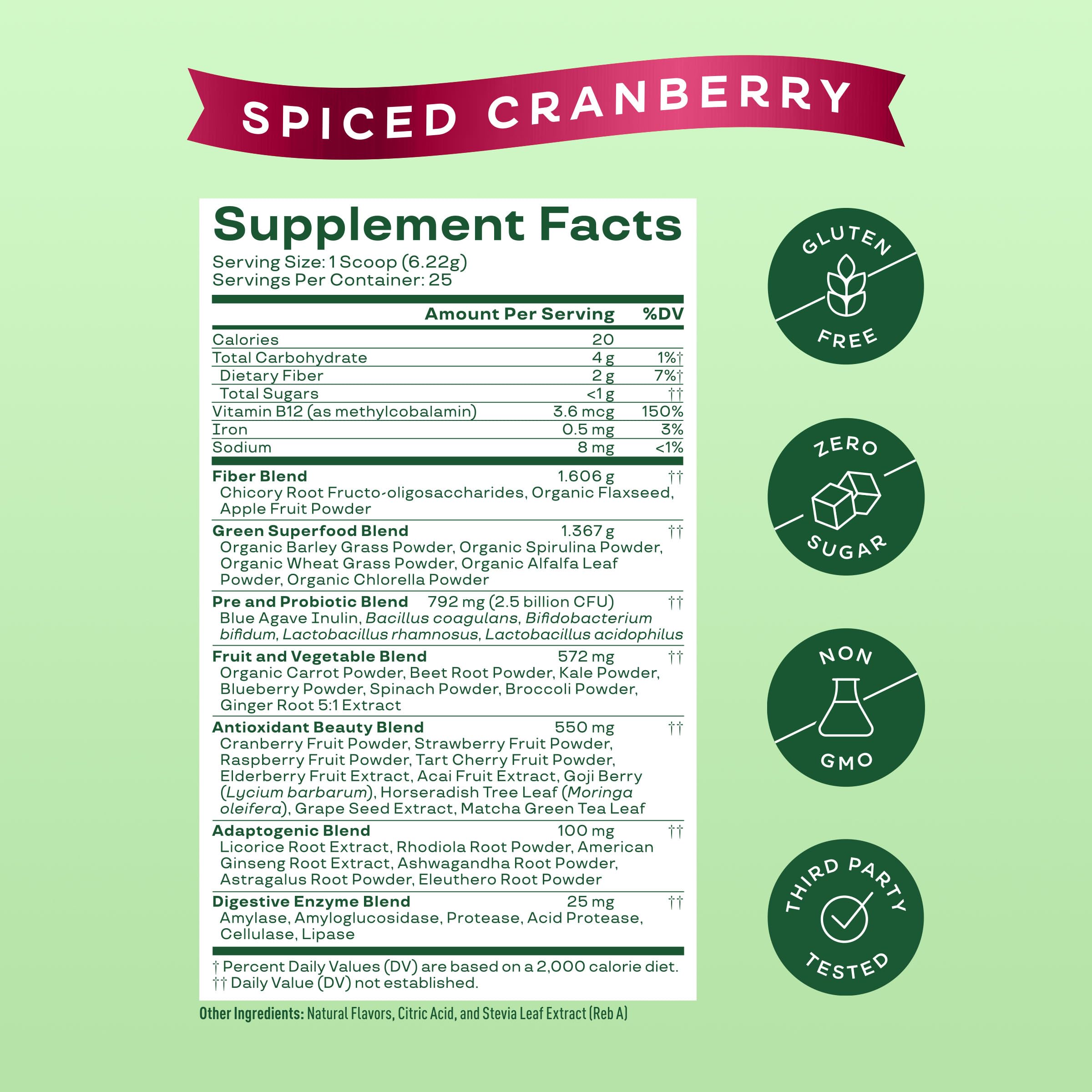 Closeup label shows organic greens with chlorella and spirulina for a vibrant daily mix.