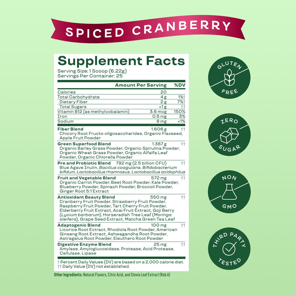 Closeup label shows organic greens with chlorella and spirulina for a vibrant daily mix.