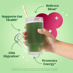 Spoonful of Bloom greens powder delivering spiced cranberry flavor and convenient daily wellness.
