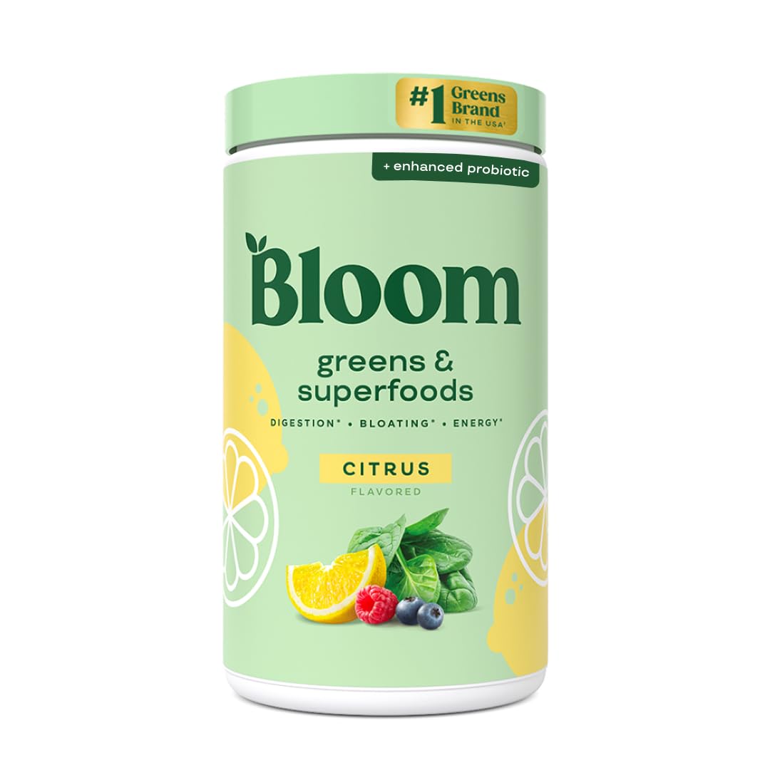 Bloom Nutrition Greens Powder tub with citrus label for daily wellness support.