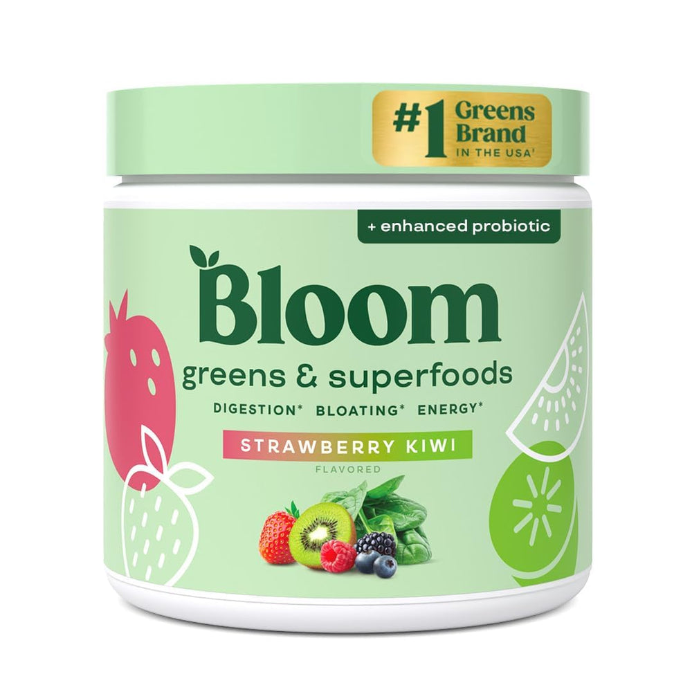 Bloom Nutrition Greens strawberry kiwi powder scoop supports daily energy and gut comfort