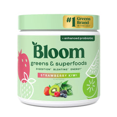 Bloom Nutrition Greens strawberry kiwi powder scoop supports daily energy and gut comfort