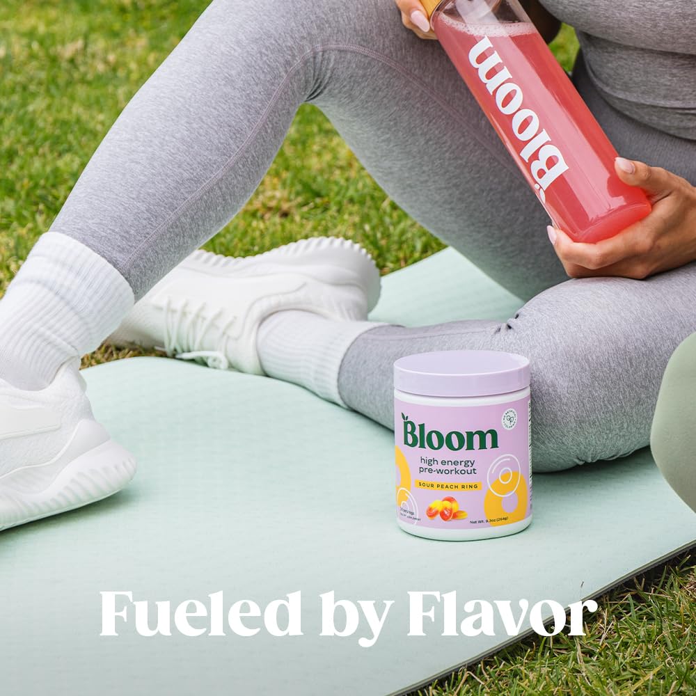 Bloom Nutrition High Energy Pre Workout glass serve emphasizes convenient on-the-go energy