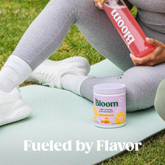Bloom Nutrition High Energy Pre Workout glass serve emphasizes convenient on-the-go energy