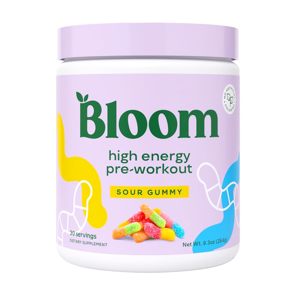 Bloom Nutrition high energy pre-workout powder tub with scoop for intense training sessions