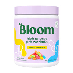 Bloom Nutrition high energy pre-workout powder tub with scoop for intense training sessions