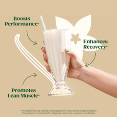 Bloom Nutrition post-workout blend bottle shows scoop and smooth vanilla flavor.
