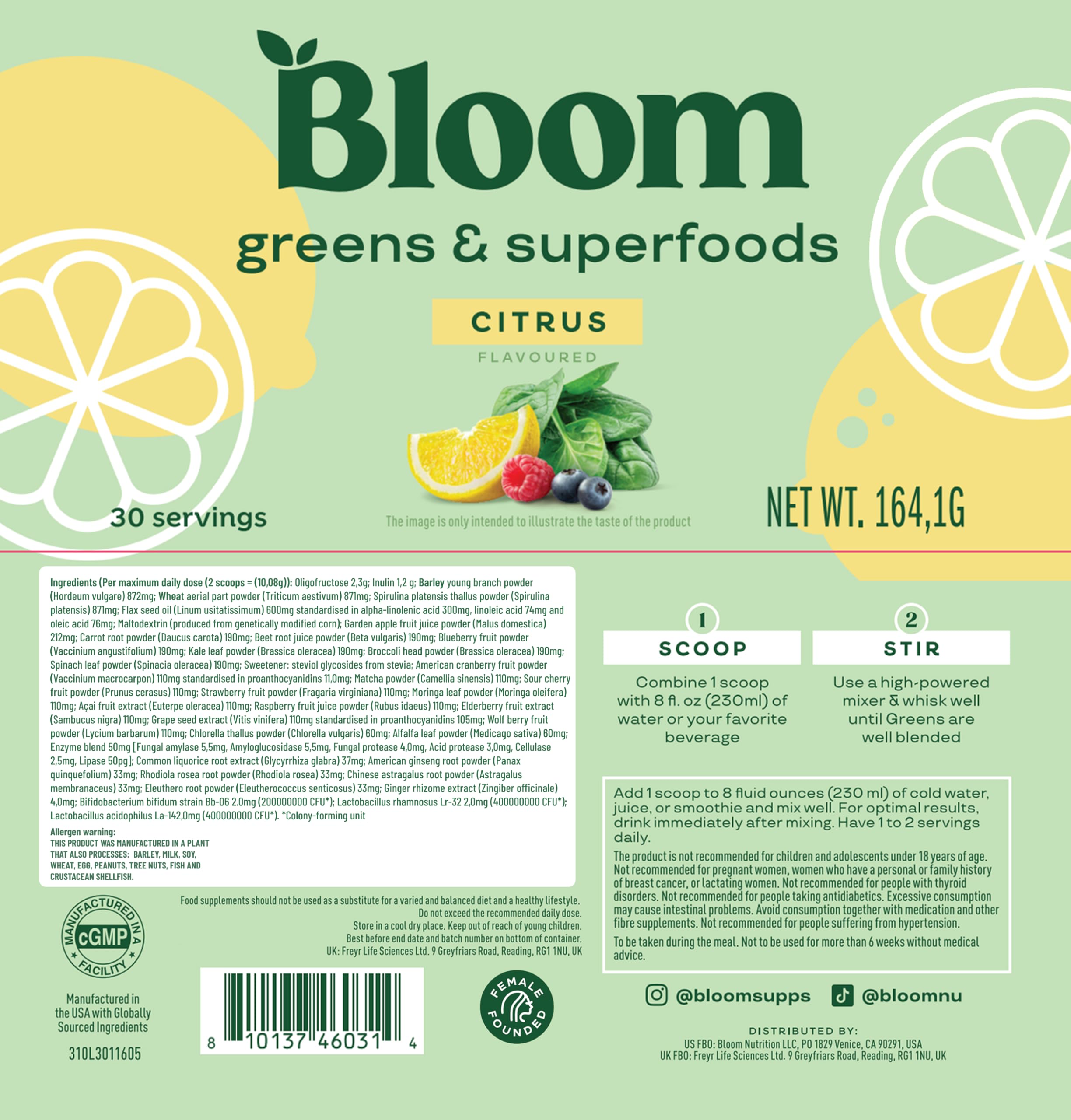 Bloom Nutrition greens ingredients display featuring spirulina and chlorella for natural vitality