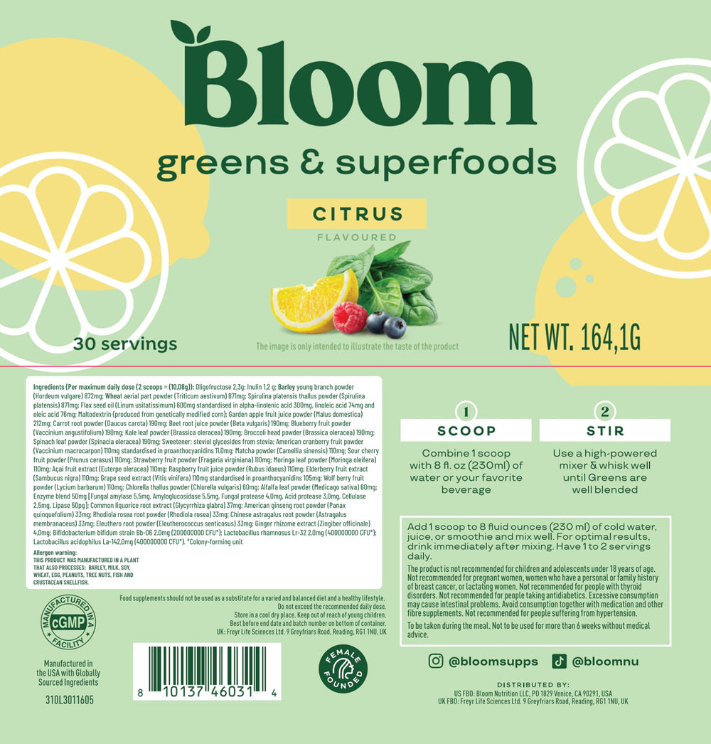 Bloom Nutrition greens ingredients display featuring spirulina and chlorella for natural vitality