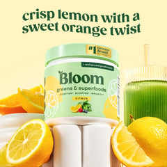 Bloom Nutrition greens powder label close-up highlighting allergen-free, keto-friendly ingredients