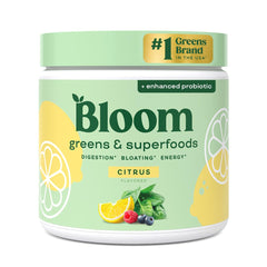 Bloom Nutrition Superfood Greens powder tub front, convenient daily greens for gut support