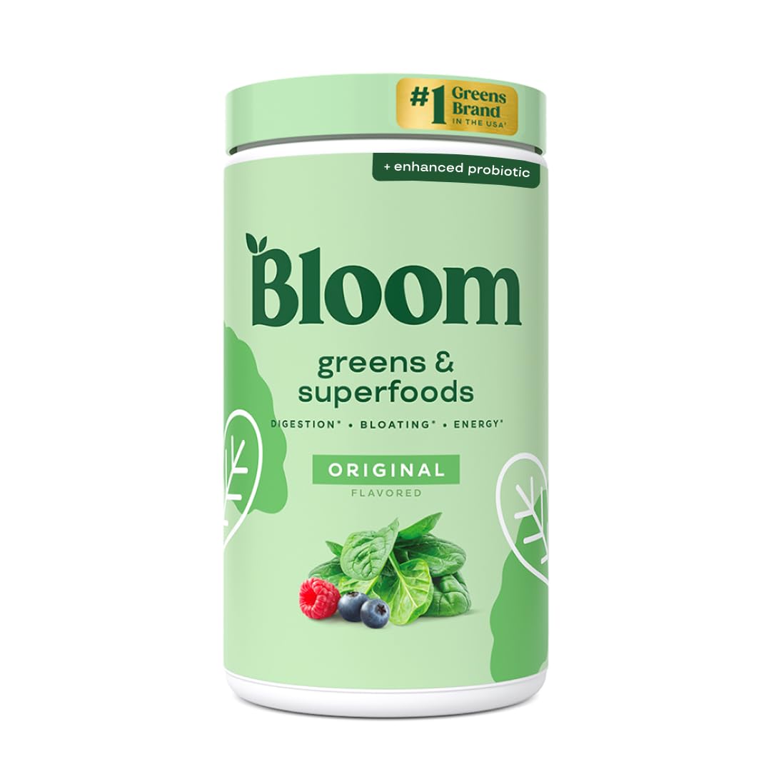 Bloom Nutrition greens powder tub with scoop for daily wellness boost