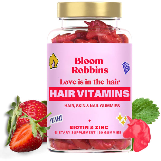 Bloom Robbins 60 hair gummies bottle front for convenient daily hair support.