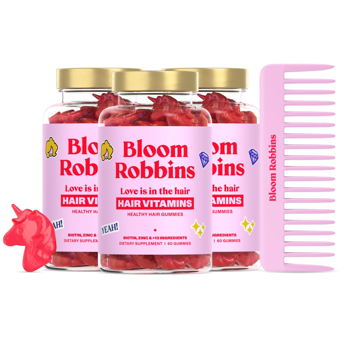 Bloom Robbins hair gummies strawberry flavor for daily beauty support.